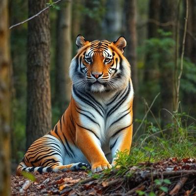 Primary subject: A tiger sitting on the ground.

Setting/background: The tiger is sitting in a forest, surrounded by trees and grass.

Visual style: The image is a photo of the tiger in its natural habitat.

Colors and mood: The tiger is orange and white, and the overall atmosphere is calm and serene.